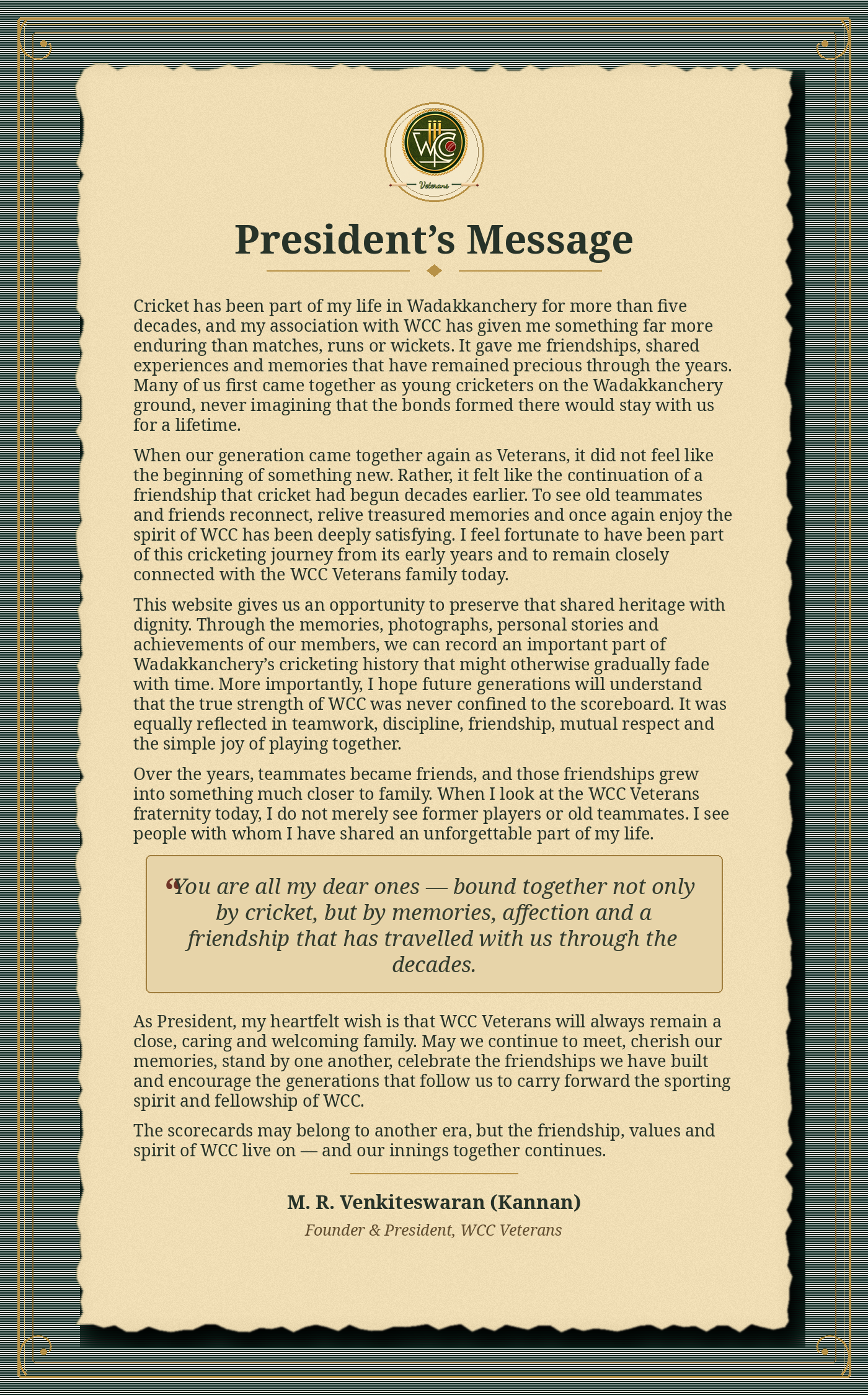 Antique heritage artwork of Kannan’s President’s Message. A readable text version is available immediately below.
